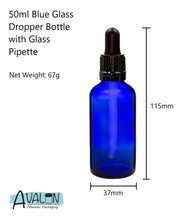 Load image into Gallery viewer, 50ml Blue Glass Bottles with Tamper Resistant Glass Pipettes