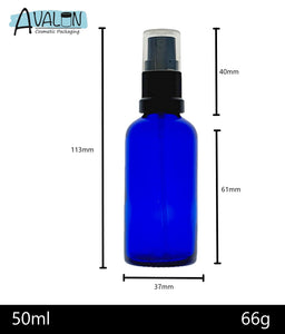 50ml Blue Glass Bottles with Black Atomiser Spray and Clear Overcap