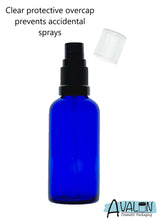 Load image into Gallery viewer, 50ml Blue Glass Bottles with Black Atomiser Spray and Clear Overcap