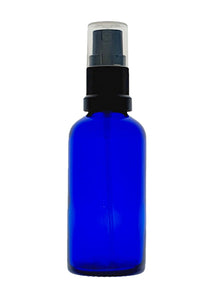 50ml Blue Glass Bottles with Black Atomiser Spray and Clear Overcap