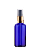 Load image into Gallery viewer, 50ml Blue Glass Bottles with Gold/Black Treatment Pump and Clear Overcap