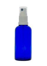 Load image into Gallery viewer, 50ml Blue Glass Bottles with White Atomiser Spray and Clear Overcap