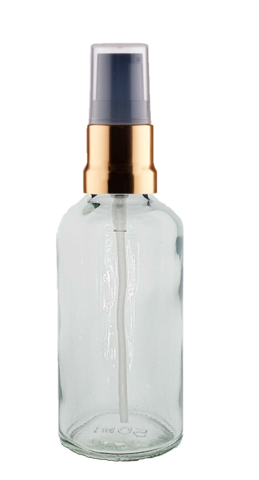 50ml Clear Glass Bottles with Gold/Black Treatment Pump and Clear Overcap
