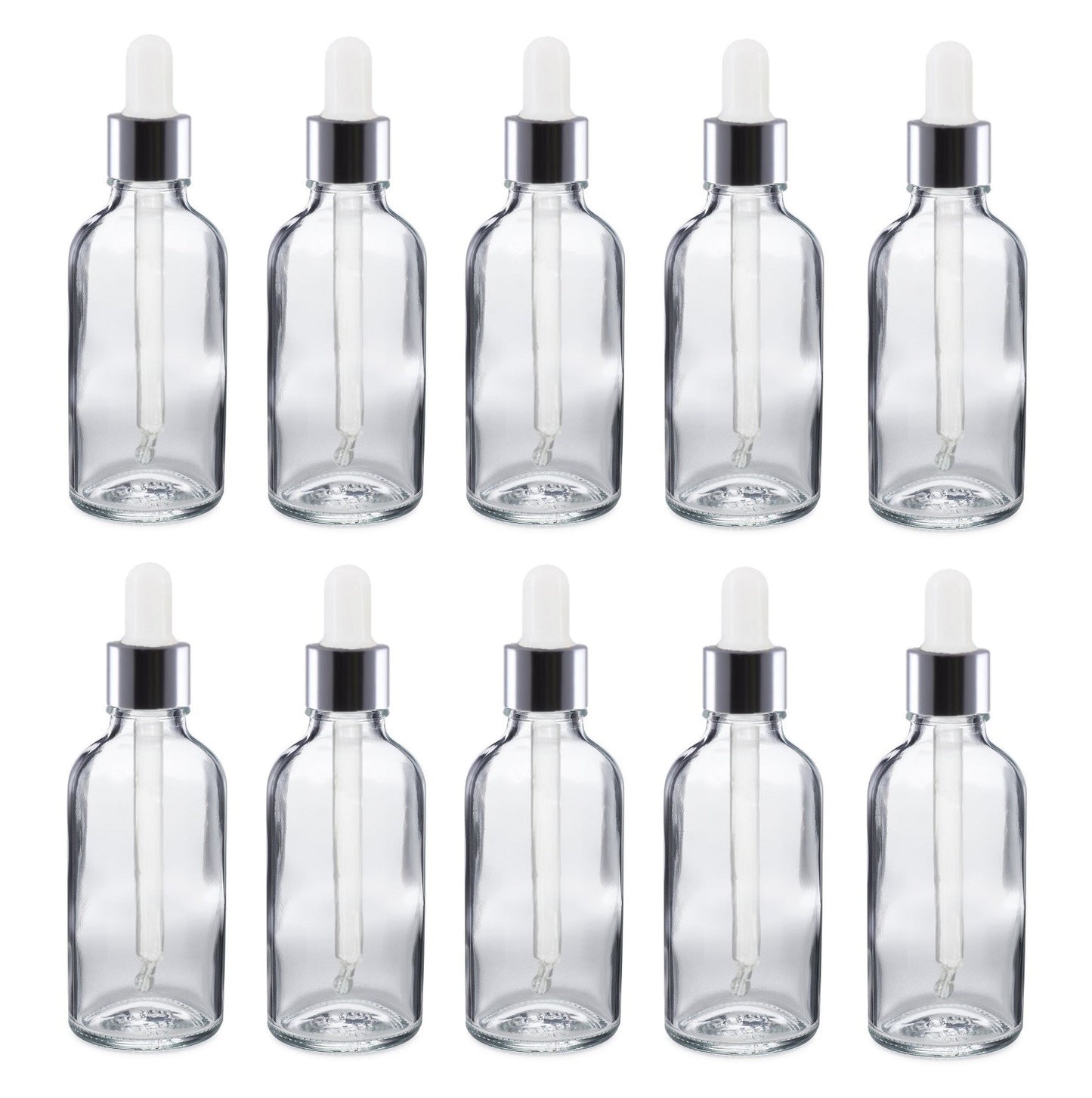 50ml Clear Glass Bottles with Silver/White Glass Pipettes