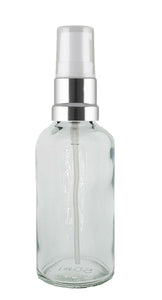 50ml Clear Glass Bottles with Silver/White Treatment Pump and Clear Overcap