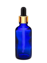 Load image into Gallery viewer, 30ml Blue Glass Bottles with Gold/Black Glass Pipettes