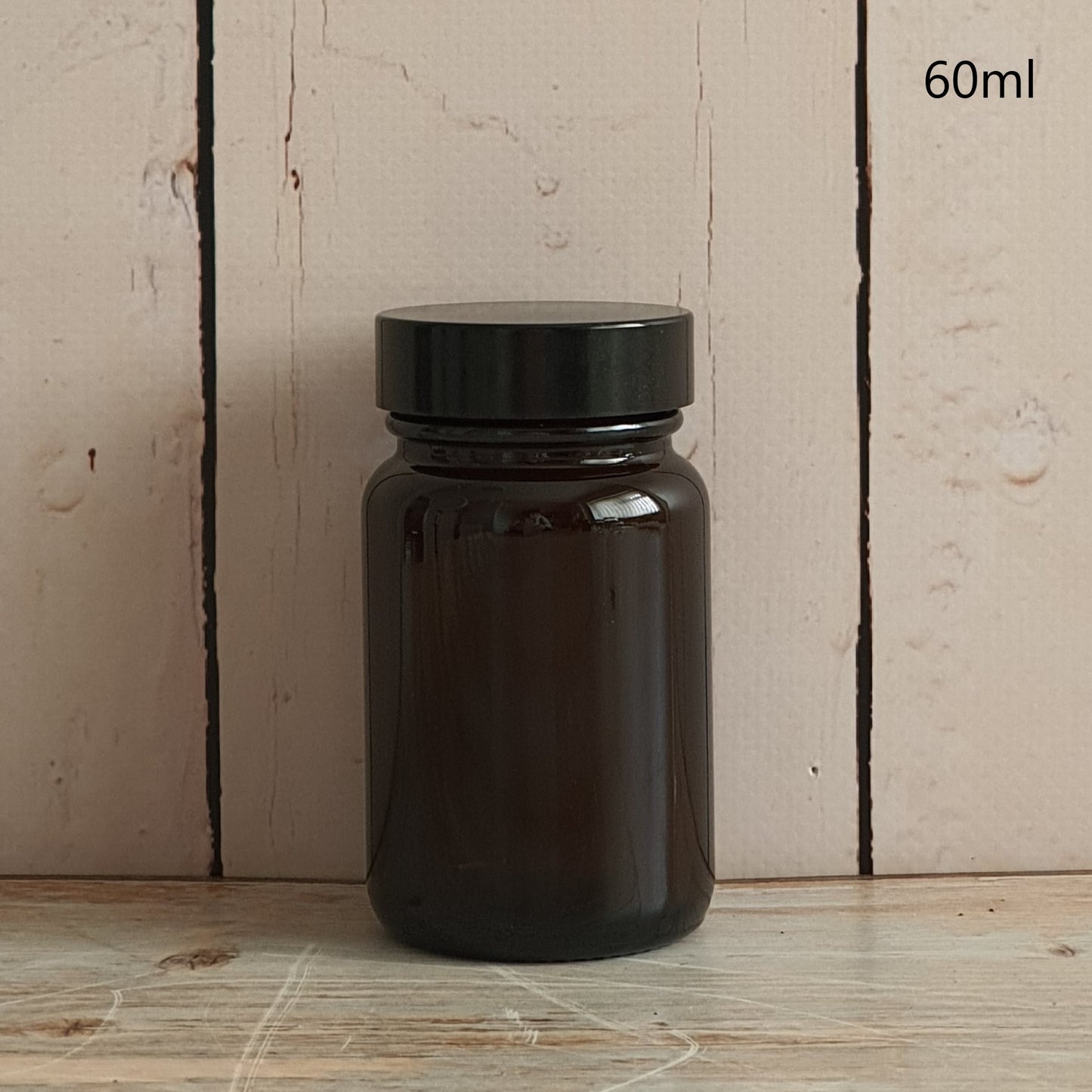 Amber Wide Mouth Glass Pill Jars with Black Lids