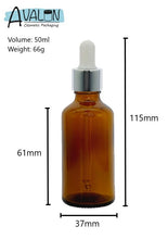 Load image into Gallery viewer, 50ml Amber Glass Bottles with Silver/White Glass Pipettes