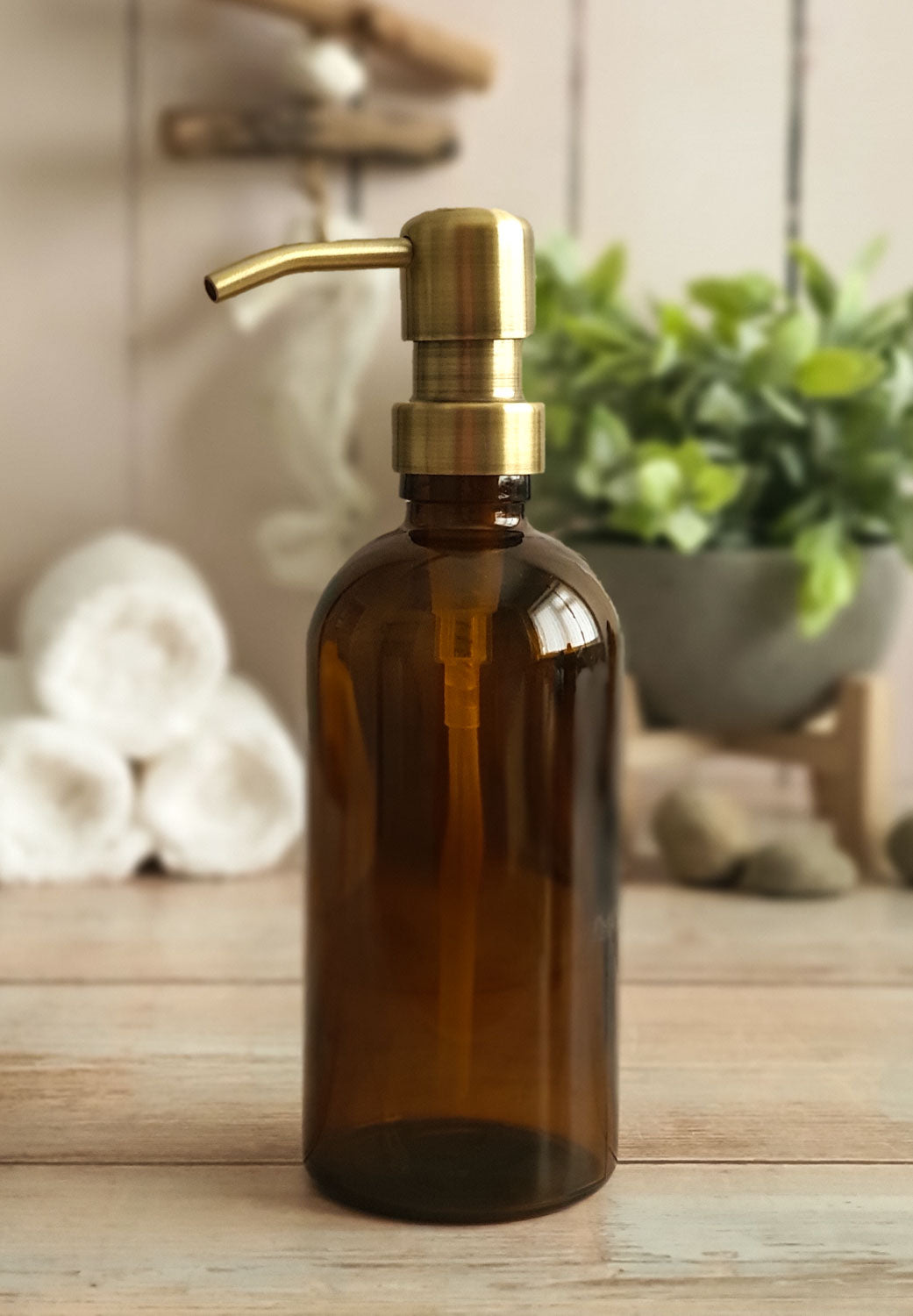 300ml Amber Glass Soap Dispenser Bottles with Brass Style Metal Pump