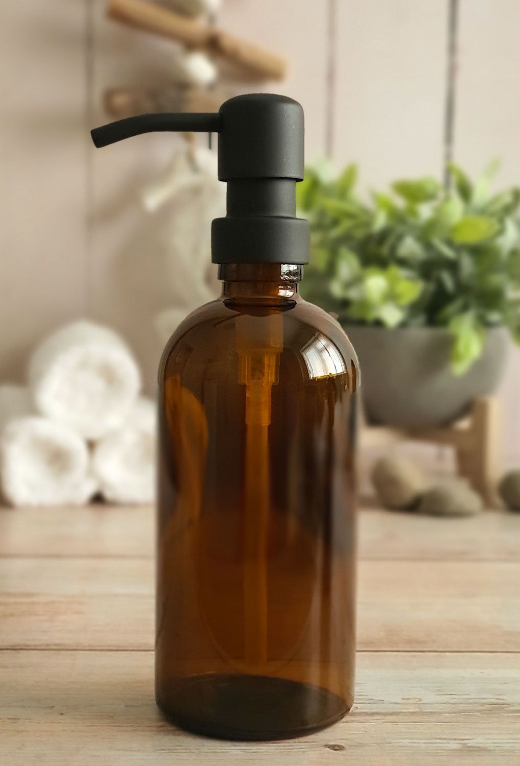 300ml Amber Glass Soap Dispenser Bottles with Matt Black Metal Pump