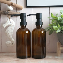 Load image into Gallery viewer, 300ml Amber Glass Soap Dispenser Bottles with Matt Black Metal Pump