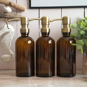 300ml Amber Glass Soap Dispenser Bottles with Brass Style Metal Pump