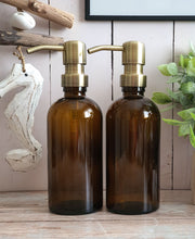 Load image into Gallery viewer, 300ml Amber Glass Soap Dispenser Bottles with Brass Style Metal Pump