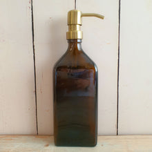 Load image into Gallery viewer, 500ml Rectangular Amber Glass Soap Dispenser Bottles with Brass Style Metal Pump