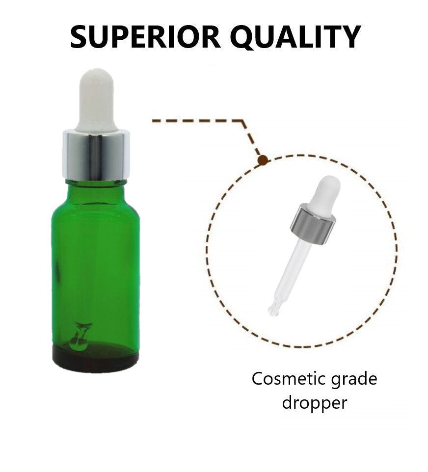 20ml Green Glass Bottles with Silver/White Glass Pipettes