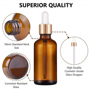 50ml Amber Glass Bottles with Gold/White Glass Pipettes
