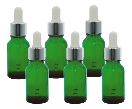 15ml Green Glass Bottles with Silver/White Glass Pipettes