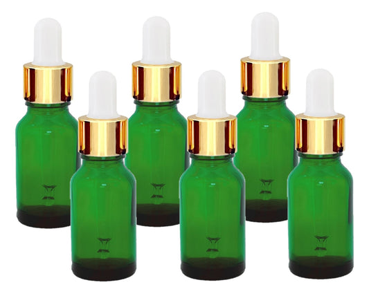 15ml Green Glass Bottles with Gold/White Glass Pipettes
