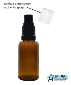 30ml Amber Glass Bottles with Black Atomiser Spray and Clear Overcap