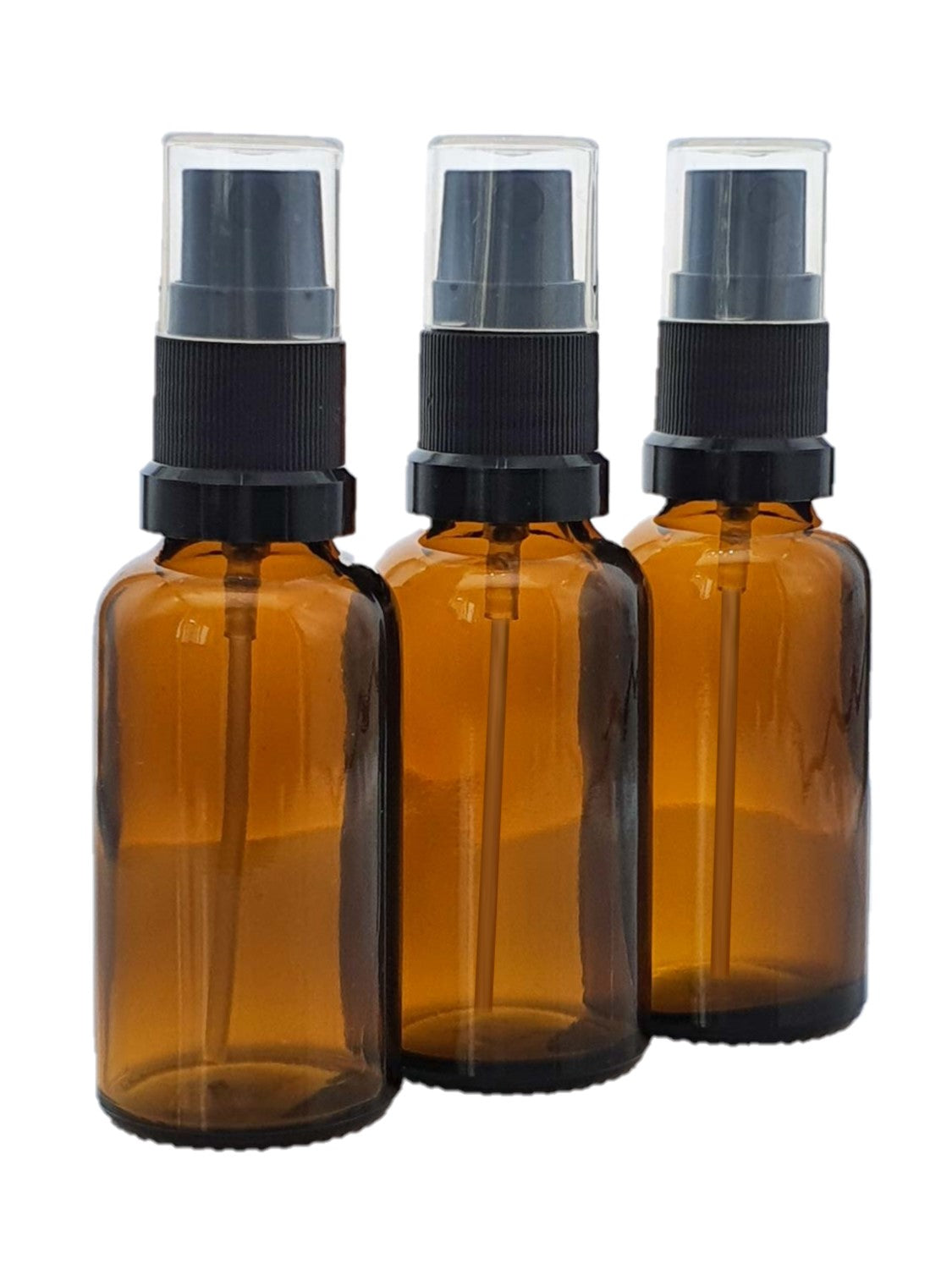 30ml Amber Glass Bottles with Black Atomiser Spray and Clear Overcap