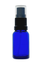 Load image into Gallery viewer, 15ml Blue Glass Bottles with Black Atomiser Spray and Clear Overcap