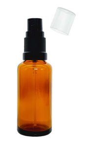 25ml Amber Glass Bottles with Black Atomiser Spray and Clear Overcap