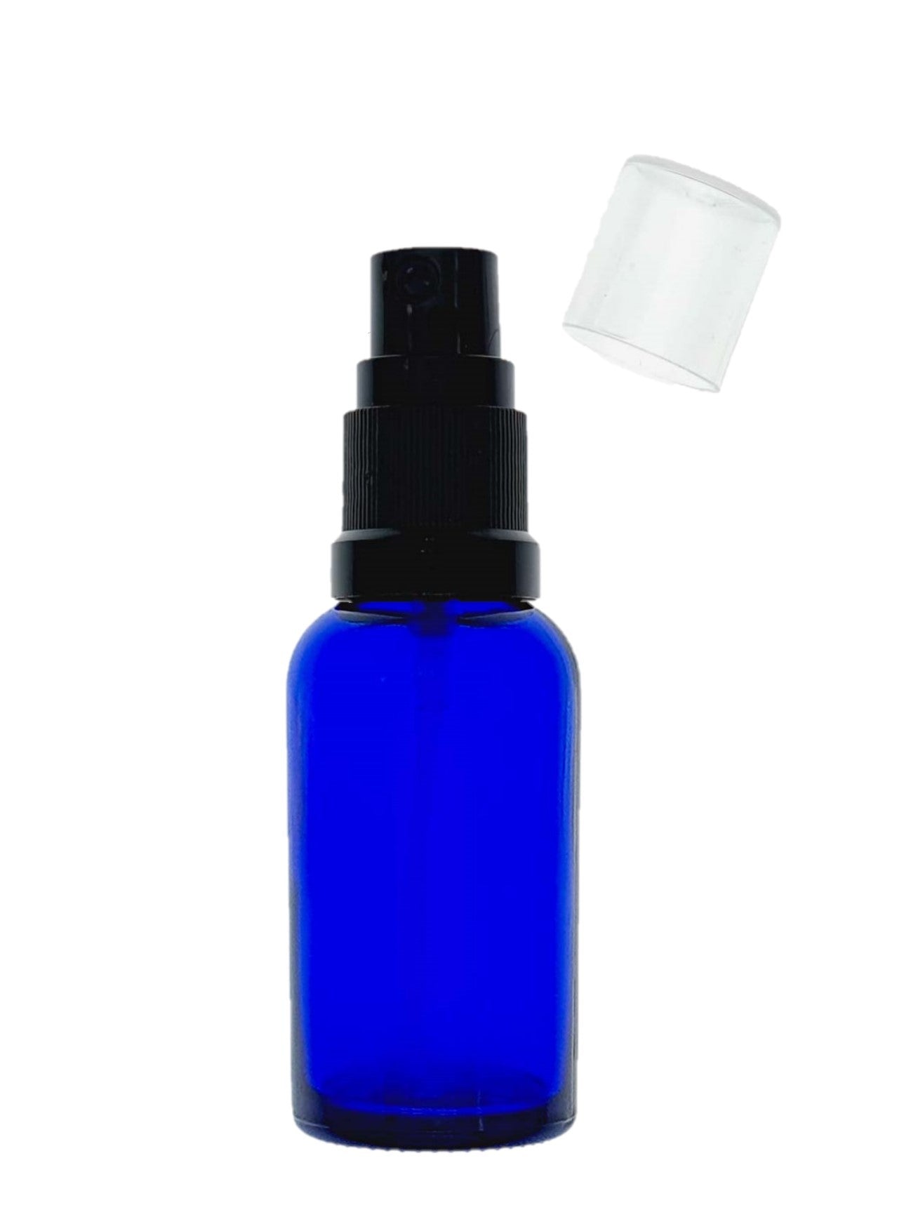 20ml Blue Glass Bottles with Black Atomiser Spray and Clear Overcap