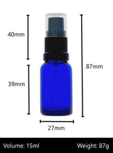 Load image into Gallery viewer, 15ml Blue Glass Bottles with Black Atomiser Spray and Clear Overcap