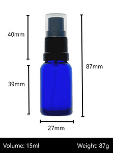 15ml Blue Glass Bottles with Black Atomiser Spray and Clear Overcap