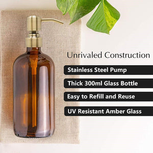 300ml Amber Glass Soap Dispenser Bottles with Brass Style Metal Pump