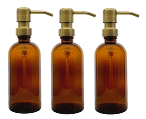 300ml Amber Glass Soap Dispenser Bottles with Brass Style Metal Pump