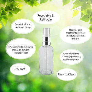 50ml Clear Glass Bottles with Silver/White Treatment Pump and Clear Overcap