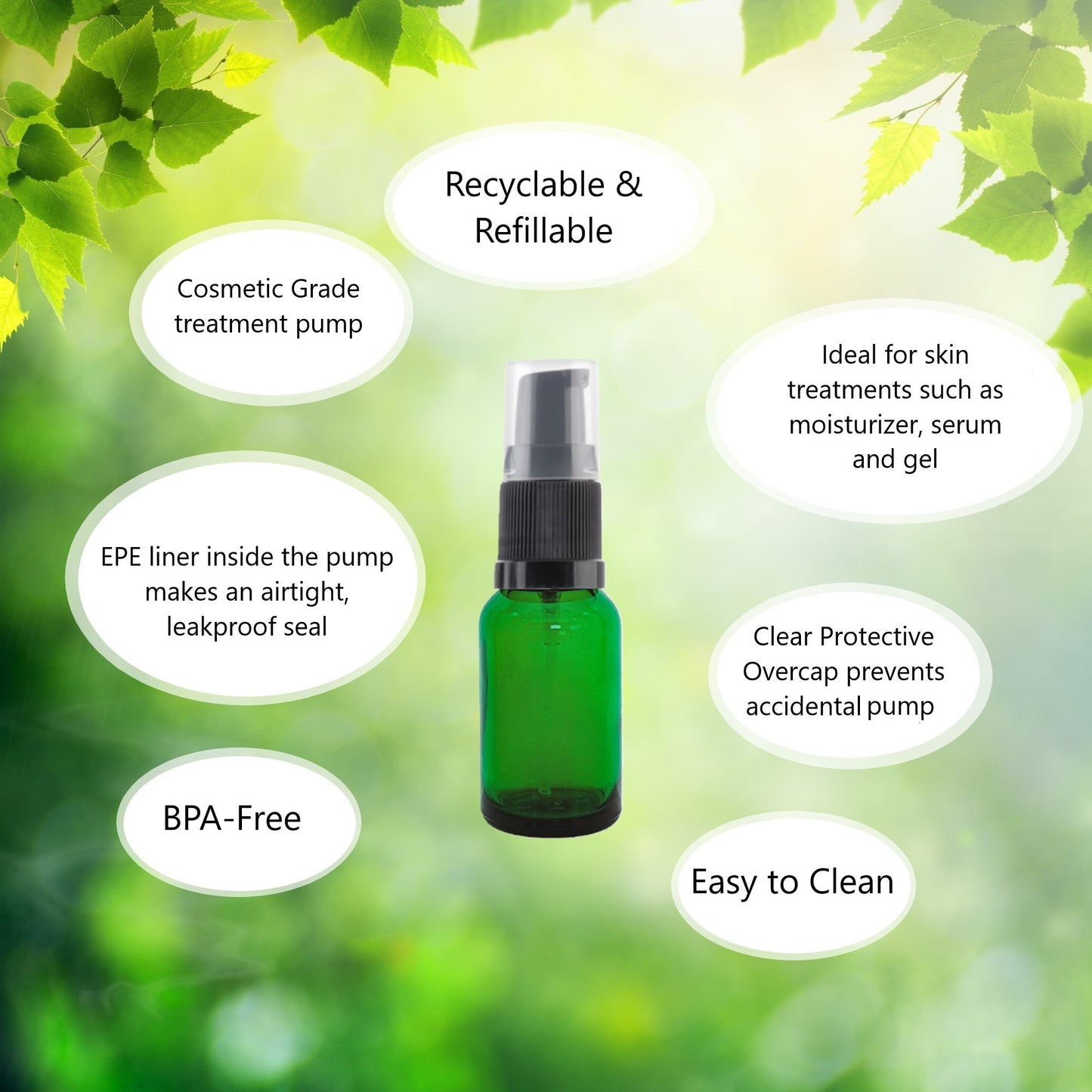 15ml Green Glass Bottles with Black Treatment Pump and Clear Overcap