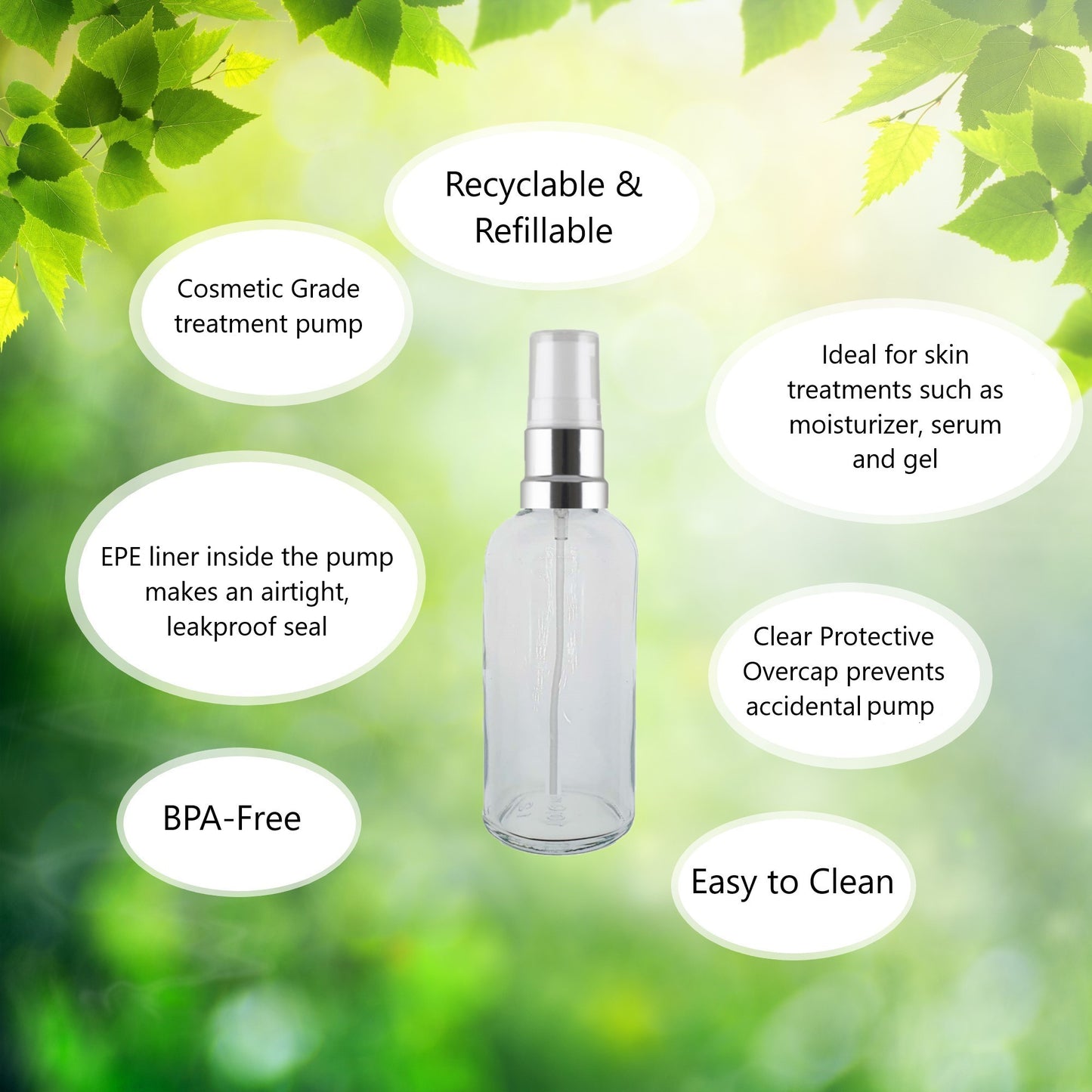 100ml Clear Glass Bottles with Silver/White Treatment Pump and Clear Overcap
