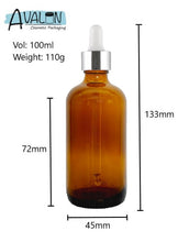 Load image into Gallery viewer, 100ml Amber Glass Bottles with Silver/White Glass Pipettes