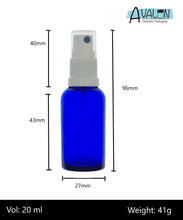 Load image into Gallery viewer, 20ml Blue Glass Bottles with White Atomiser Spray and Clear Overcap
