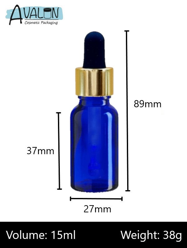 15ml Blue Glass Bottles with Gold/Black Glass Pipettes