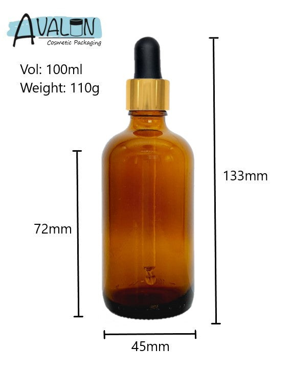 100ml Amber Glass Bottles with Gold/Black Glass Pipettes