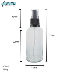 100ml Clear Glass Bottles with Black Treatment Pump and Clear Overcap