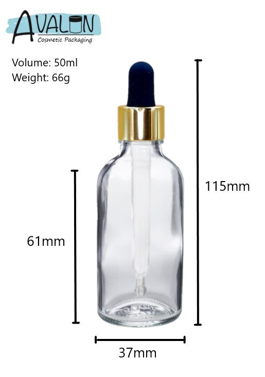50ml Clear Glass Bottles with Gold/Black Glass Pipettes