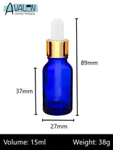 Load image into Gallery viewer, 15ml Blue Glass Bottles with Gold/White Glass Pipettes