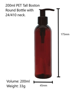 200ml Tall Amber Plastic Bottles with 24mm 410 Black Lotion Pump