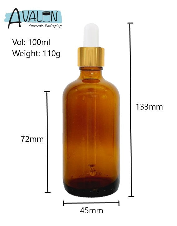 100ml Amber Glass Bottles with Gold/White Glass Pipettes