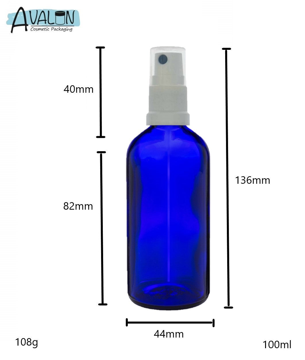 100ml Blue Glass Bottles with White Atomiser Spray and Clear Overcap