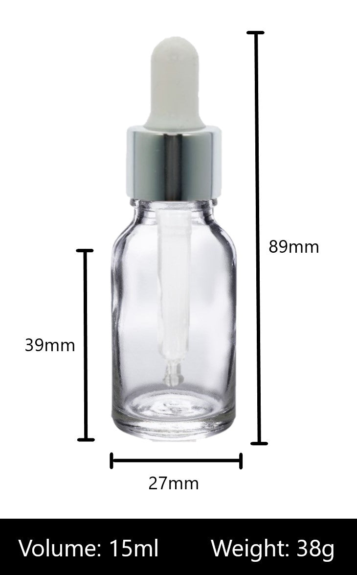 15ml Clear Glass Bottles with Silver/White Glass Pipettes