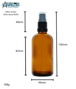 100ml Amber Glass Bottles with Black Atomiser Spray and Clear Over Cap