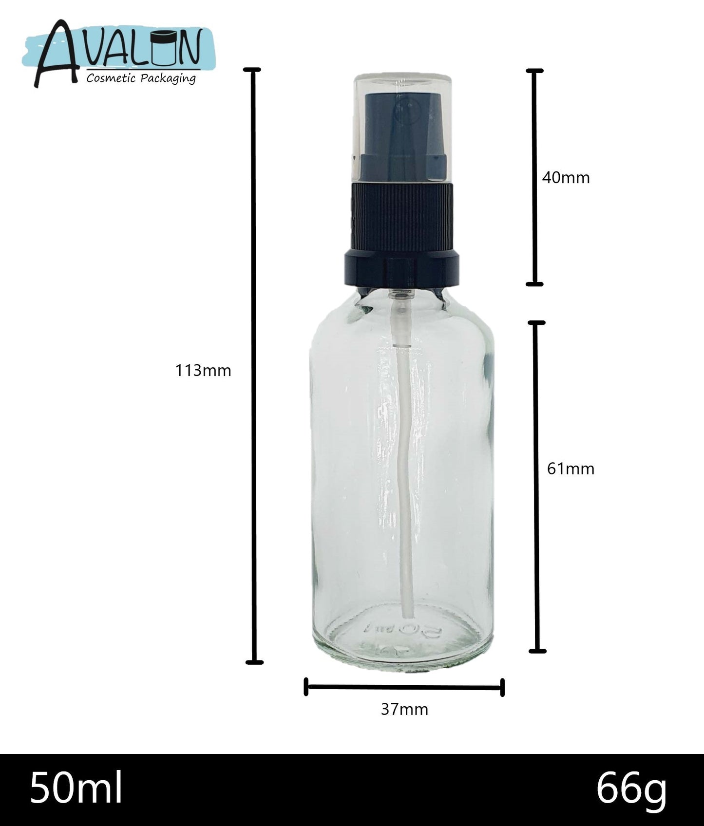 50ml Clear Glass Bottles with Black Atomiser Spray and Clear Overcap