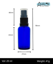 Load image into Gallery viewer, 20ml Blue Glass Bottles with Black Atomiser Spray and Clear Overcap