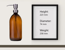 Load image into Gallery viewer, 500ml Amber Glass Soap Dispenser Bottles with Brushed Steel Metal Pump