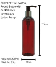 Load image into Gallery viewer, 200ml Tall Amber Plastic Bottle with 24mm 410 Silver/Black Lotion Pump